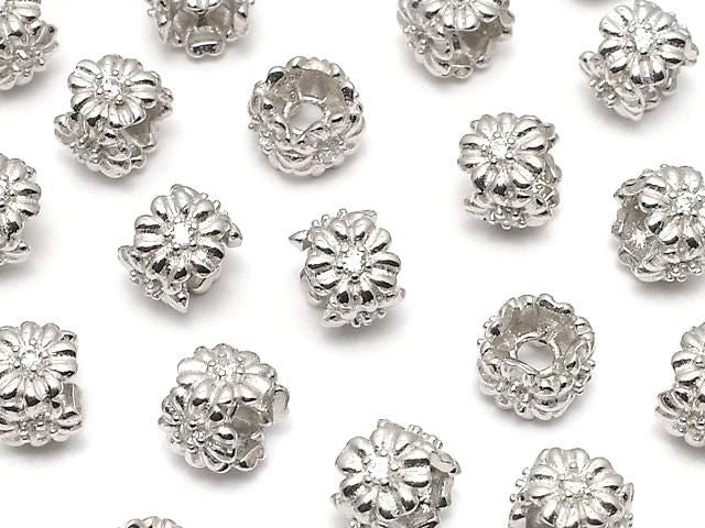 Silver 925 Flower Rondelle 6x6x5mm (with CZ) Rhodium Plated 1pc
