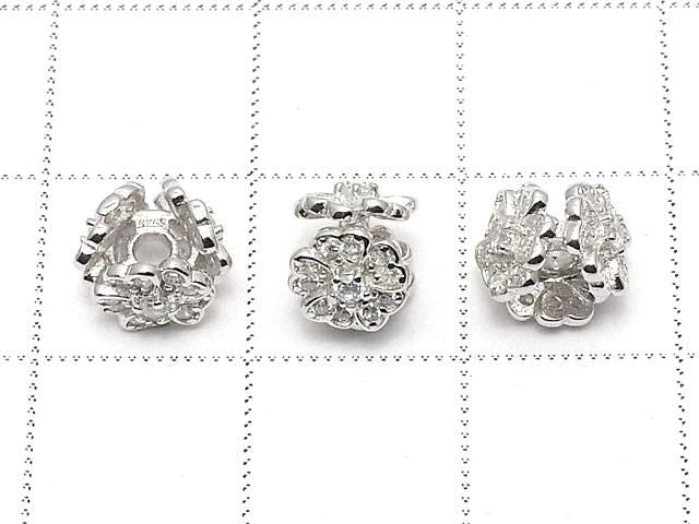 Silver 925 Flower Rondelle 7x7x6mm (with CZ) Rhodium Plated 1pc