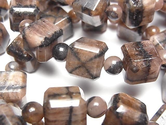 Chiastolith Würfelform 12mm & Runde 6mm Armband