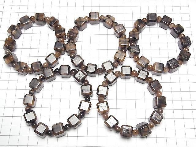 Chiastolith Würfelform 12mm & Runde 6mm Armband