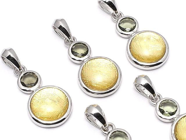 Meteorite & Moldavite 1-stone Coin Pendant 10mm Silver925 Yellow Gold 1pc