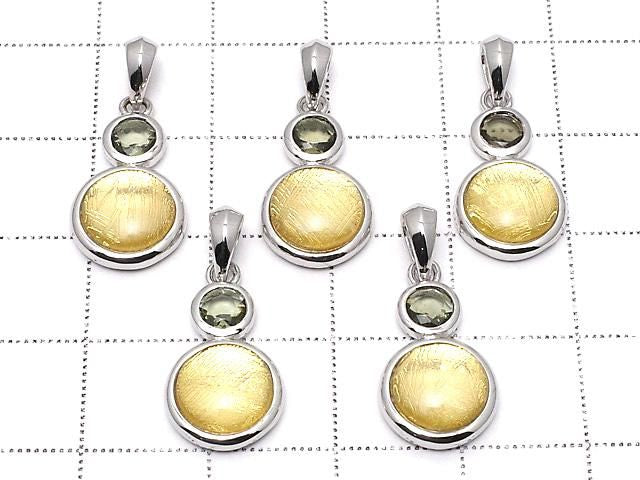 Meteorite & Moldavite 1-stone Coin Pendant 10mm Silver925 Yellow Gold 1pc