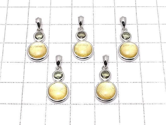 Meteorite & Moldavite 1-stone Coin Pendant 10mm Silver925 Yellow Gold 1pc