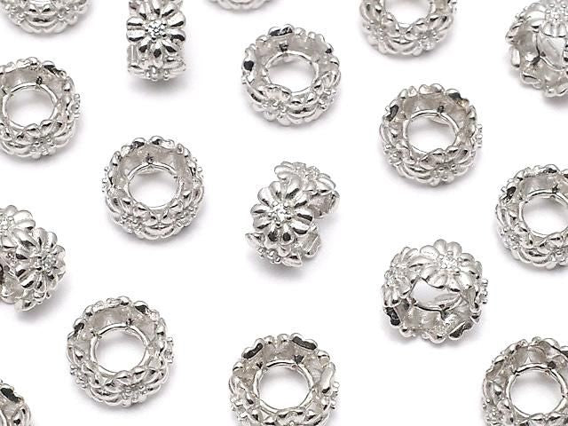 Silver925 Flower Rondelle (with CZ) 8x8x4.5mm Rhodium Plated 1pc
