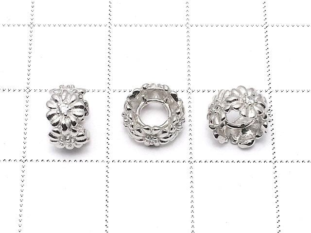 Silver925 Flower Rondelle (with CZ) 8x8x4.5mm Rhodium Plated 1pc
