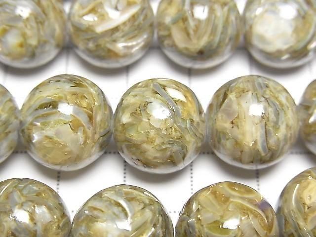 Mosaic Shell Round 14mm Green Half or 1strand beads (approx. 15 inches/36 cm)