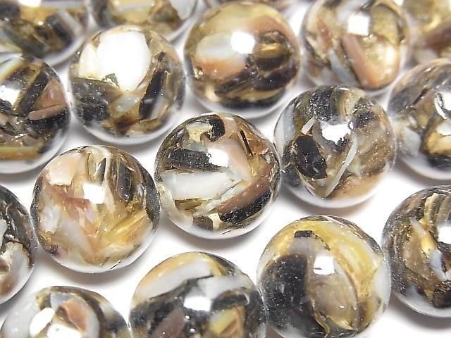 Mosaic Shell Round 14mm Black Half or 1strand beads (approx. 15 inch/36 cm)