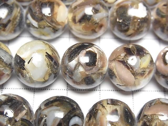 Mosaic Shell Round 14mm Black Half or 1strand beads (approx. 15 inch/36 cm)