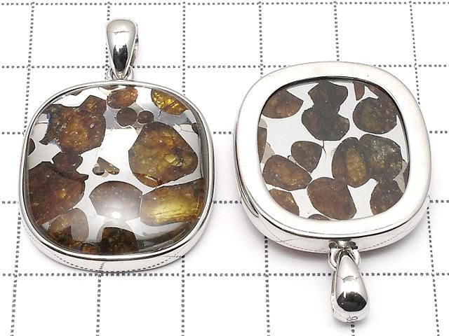Kenyan Sericho Pallasite Meteorite Rectangle Pendant 26x24mm Silver925