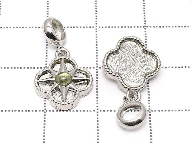 Meteorite & Moldavite 1-stone Flower Motif Pendant 11x11mm 925 sterling silver