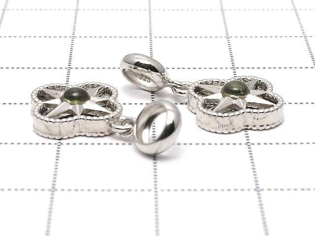 Meteorite & Moldavite 1-stone Flower Motif Pendant 11x11mm 925 sterling silver