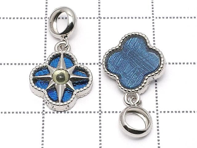 Meteorite & Moldavite 1-stone Flower Motif Pendant 11x11mm Blue Silver925