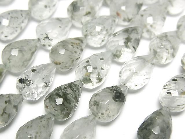 Green Mica in Quartz vertical hole faceted drop 10x7x7mm half or 1strand beads (approx. 7 inches/18 cm)