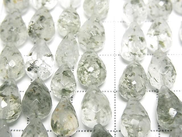 Green Mica in Quartz vertical hole faceted drop 10x7x7mm half or 1strand beads (approx. 7 inches/18 cm)
