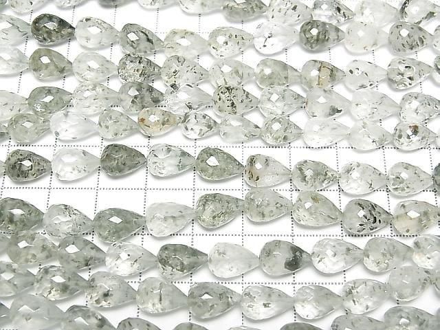 Green Mica in Quartz vertical hole faceted drop 10x7x7mm half or 1strand beads (approx. 7 inches/18 cm)