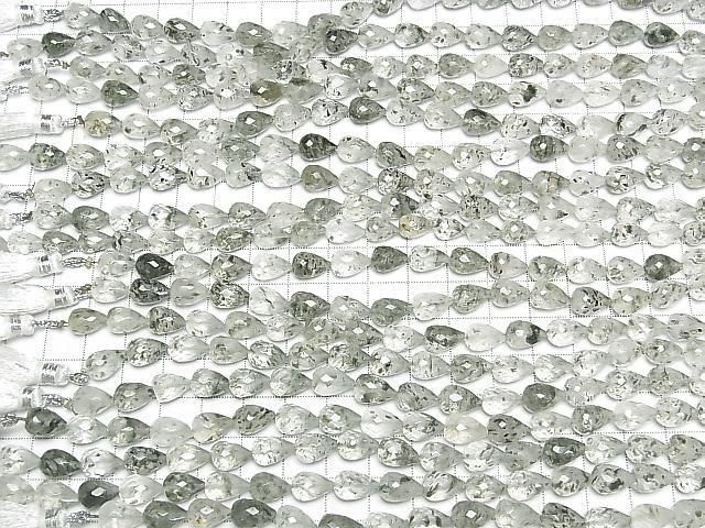 Green Mica in Quartz vertical hole faceted drop 10x7x7mm half or 1strand beads (approx. 7 inches/18 cm)