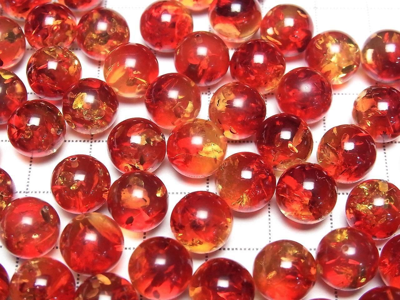 Amber cracked Red x Yellow half-drilled Round 9mm hole 2 pcs
