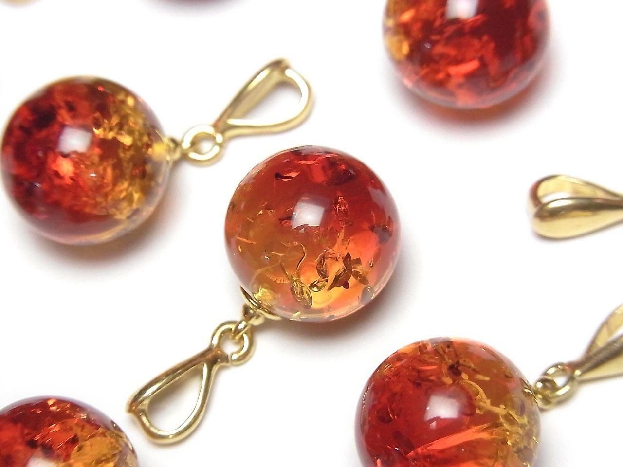Amber Red x Yellow Round 13mm Pendant 18KGP 1pc