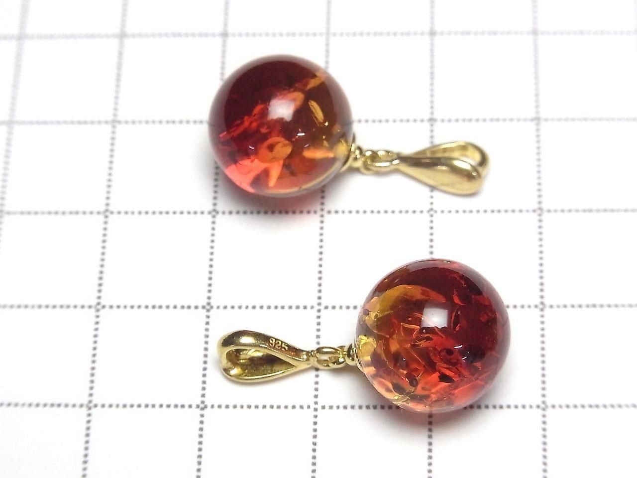 Amber Red x Yellow Round 13mm Pendant 18KGP 1pc