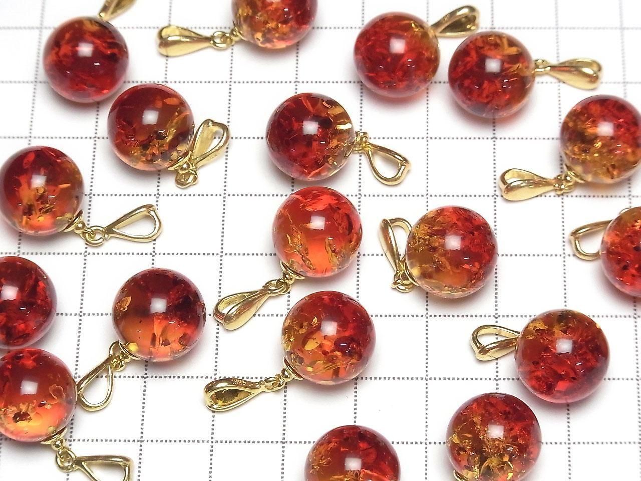 Amber Red x Yellow Round 13mm Pendant 18KGP 1pc