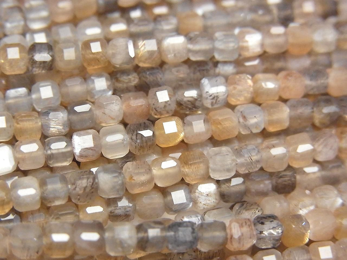 Silver & Golden Sheen Multicolor Moonstone AAA Cube Shape 3x3x3mm 1strand beads (approx. 15inch/37cm) High Quality!
