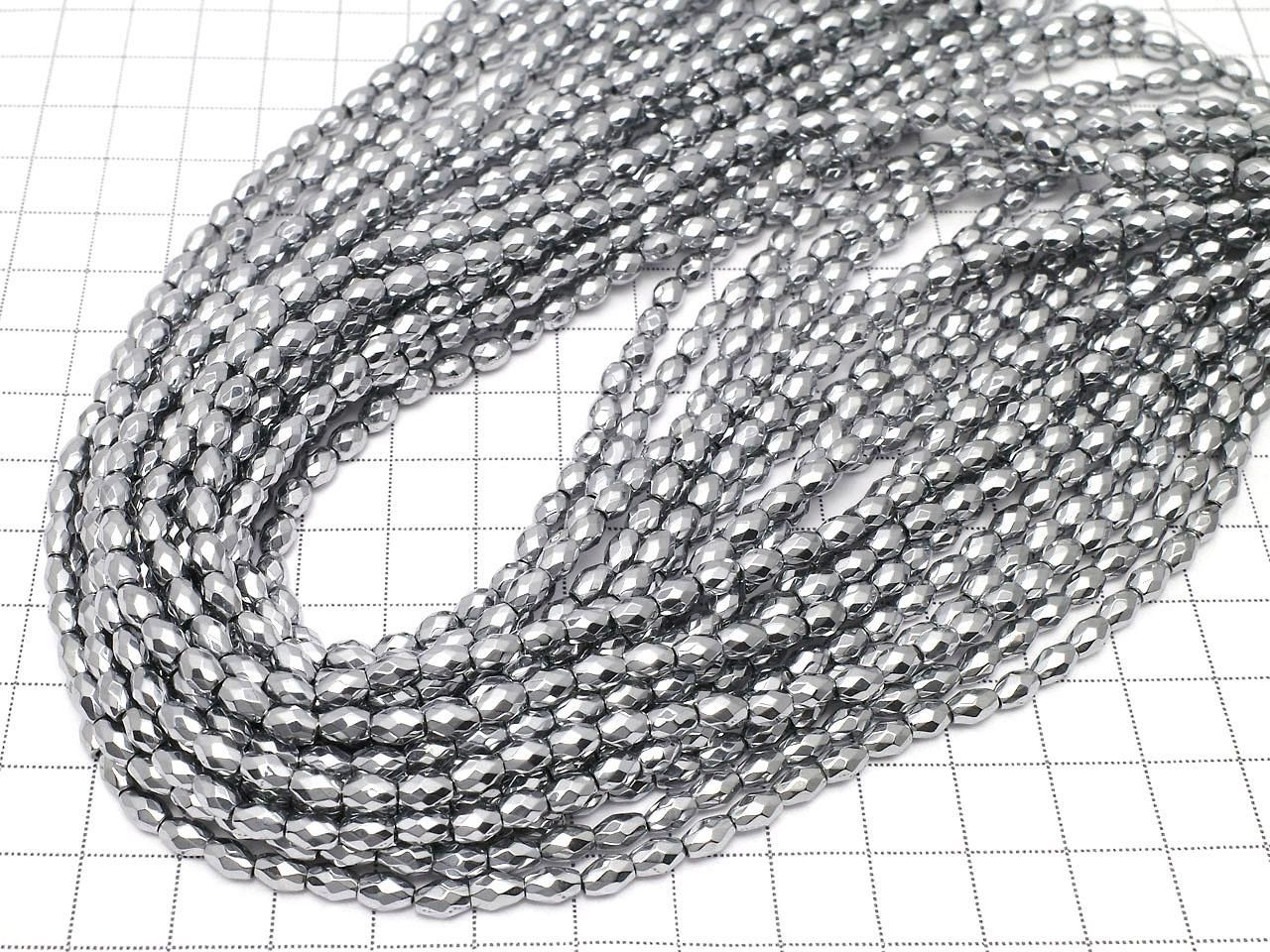 Hematite Faceted Rice Beads 5x3.5x3.5mm Silver Plated 1strand beads (approx. 15inch/37cm)