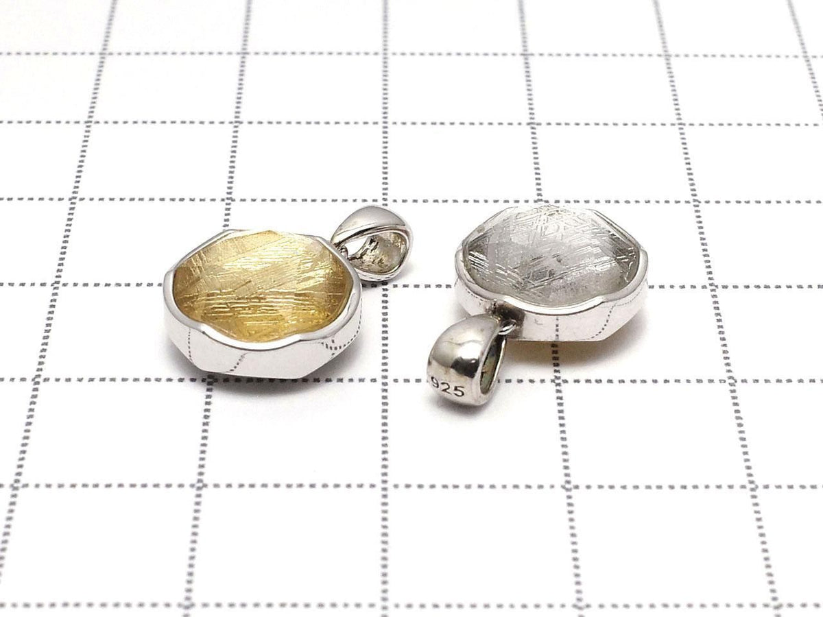 Meteorite (Muonionalusta) Pendant Both Sides Finished 12mm Silver & Yellow Gold Silver925 1pc