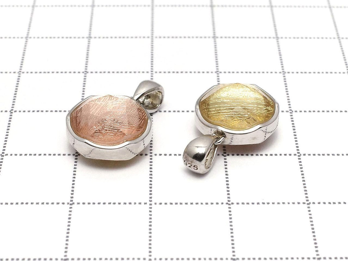 Meteorite (Muonionalusta) Pendant Both Sides Finished 12mm Pink Gold & Yellow Gold Sterling Silver 925 1pc