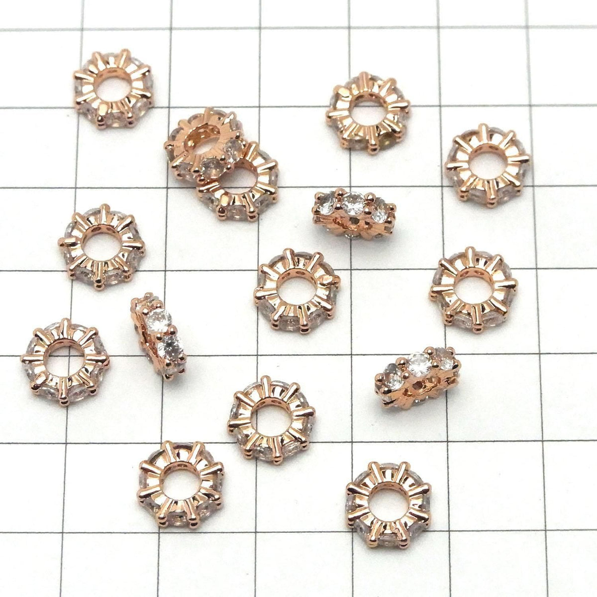 Metal parts Rondelle 9x9x3mm Pink Gold color (with CZ) 3pcs