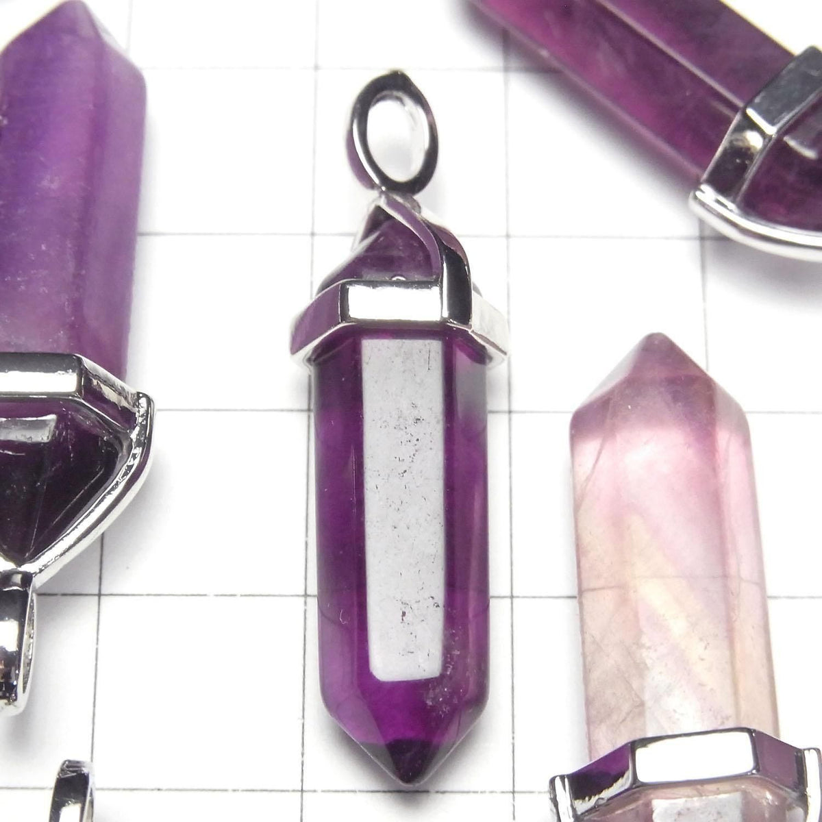 Purple Fluorite AA+ Double Point Pendant 32x8x8mm Silver Color 3pcs