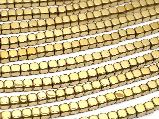 Hematite Cube 2 x 2 mm x 2 mm gold coating 1strand beads (aprx.15 inch / 38 cm)