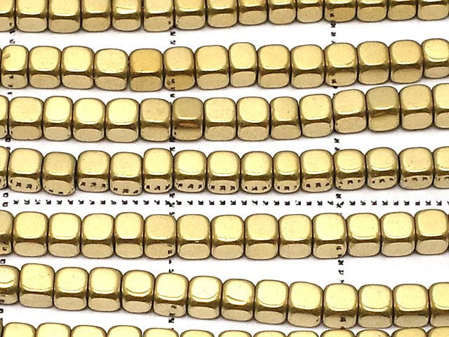 Hematite Cube 2 x 2 mm x 2 mm gold coating 1strand beads (aprx.15 inch / 38 cm)
