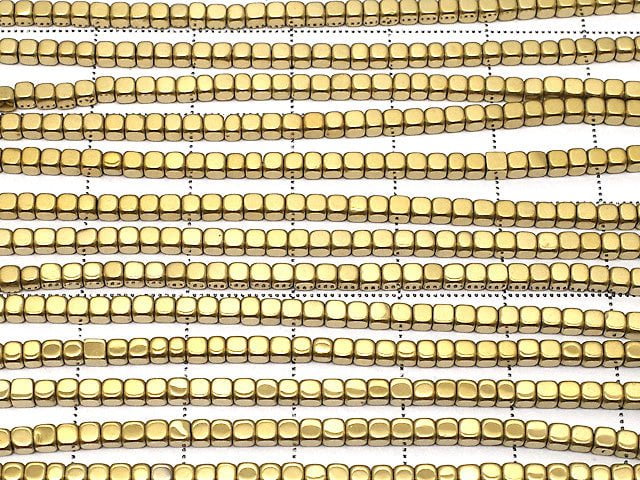 Hematite Cube 2 x 2 mm x 2 mm gold coating 1strand beads (aprx.15 inch / 38 cm)
