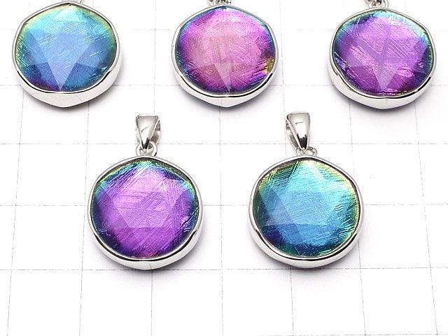 Meteoriten (Muonionalusta) Anhänger beidseitig bearbeitet 17mm Regenbogenfarbe Silber925