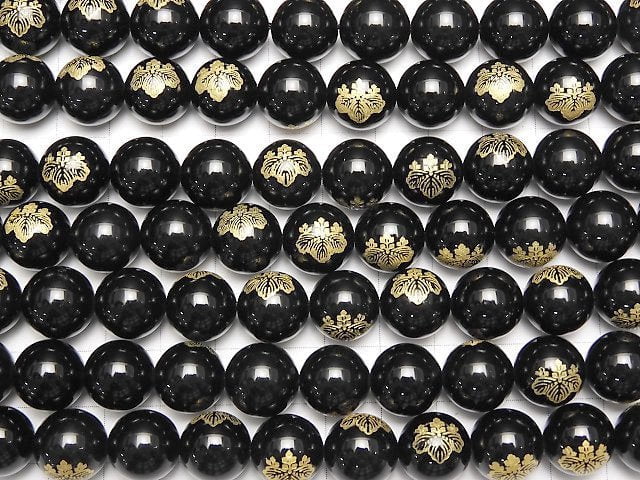 Golden Carving! Hideyoshi Toyotomi Emblem(KAMON) Onyx AAA Round 10 mm, 12 mm 1/4 or 1strand