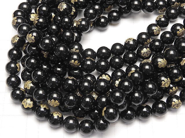 Golden Carving! Hideyoshi Toyotomi Emblem(KAMON) Onyx AAA Round 10 mm, 12 mm 1/4 or 1strand