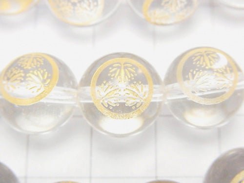 Golden Carving! Ieyasu Tokugawa Emblem(KAMON) Crystal Quartz AAA Round 10 mm, 12 mm 1/4 or 1strand