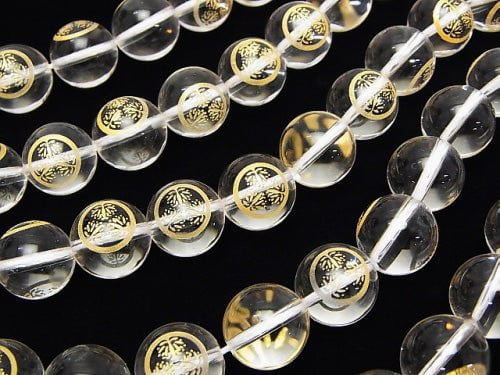 Golden Carving! Ieyasu Tokugawa Emblem(KAMON) Crystal Quartz AAA Round 10 mm, 12 mm 1/4 or 1strand