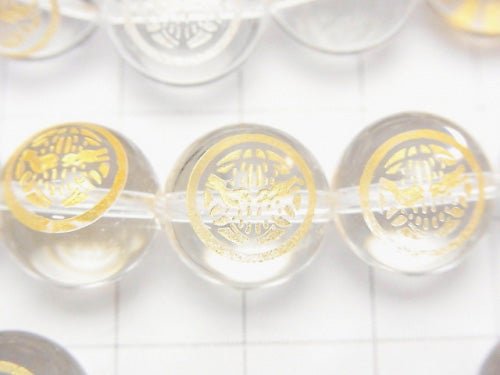 Golden Carving! Kenshin Uesugi Emblem(KAMON) Crystal Quartz AAA Round 10 mm, 12 mm 1/4 or 1strand