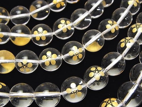 Golden Carving! Toshiie Maeda Emblem(KAMON) Crystal Quartz AAA Round 10 mm, 12 mm 1/4 or 1strand