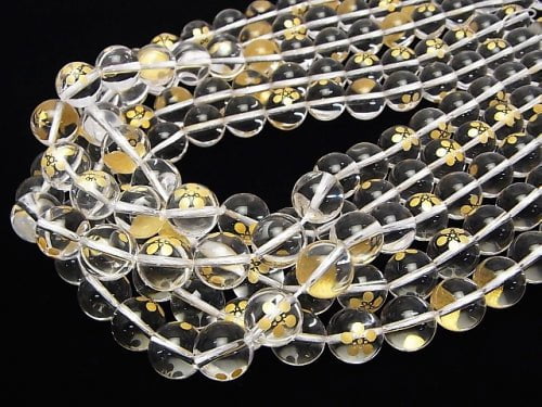 Golden Carving! Toshiie Maeda Emblem(KAMON) Crystal Quartz AAA Round 10 mm, 12 mm 1/4 or 1strand
