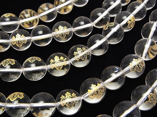 Golden Carving! Hideyoshi Toyotomi Emblem(KAMON) Crystal Quartz AAA Round 10 mm, 12 mm 1/4 or 1strand