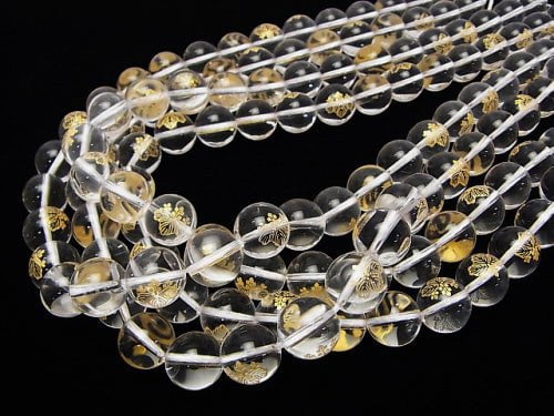 Golden Carving! Hideyoshi Toyotomi Emblem(KAMON) Crystal Quartz AAA Round 10 mm, 12 mm 1/4 or 1strand