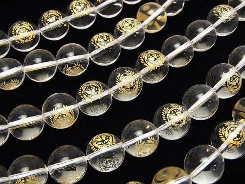 Golden Carving! Masamune Date Emblem(KAMON) Crystal Quartz AAA Round 10 mm, 12 mm 1/4 or 1strand