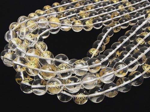 Golden Carving! Masamune Date Emblem(KAMON) Crystal Quartz AAA Round 10 mm, 12 mm 1/4 or 1strand