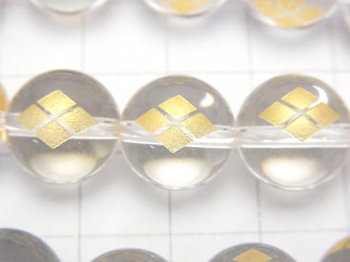Golden Carving!Shingen Takeda Emblem(KAMON) Crystal Quartz AAA Round 10 mm, 12 mm 1/4 or 1strand