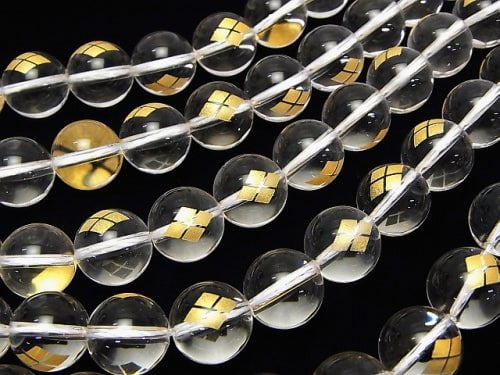 Golden Carving!Shingen Takeda Emblem(KAMON) Crystal Quartz AAA Round 10 mm, 12 mm 1/4 or 1strand
