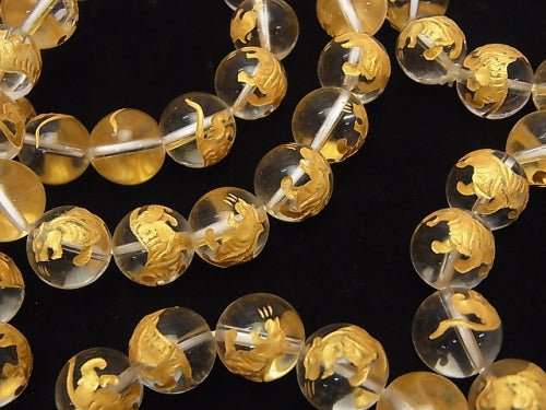 Golden! Carved of Tiger (Four Divine Beasts)! Crystal Quartz AAA Round 10mm,12mm,14mm,16mm half or 1strand beads (Bracelet)