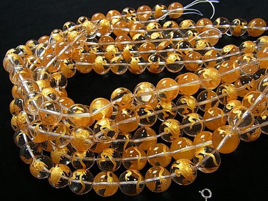Gold! HAKUTAKU Carving! Crystal Quartz AAA Round 10, 12, 14, 16 mm half or 1 strand
