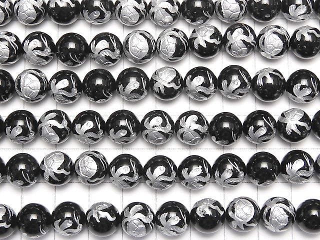 Silver! Turtle (Four Divine Beasts) Carving! Onyx AAA Round 10mm-16mm half or 1strand